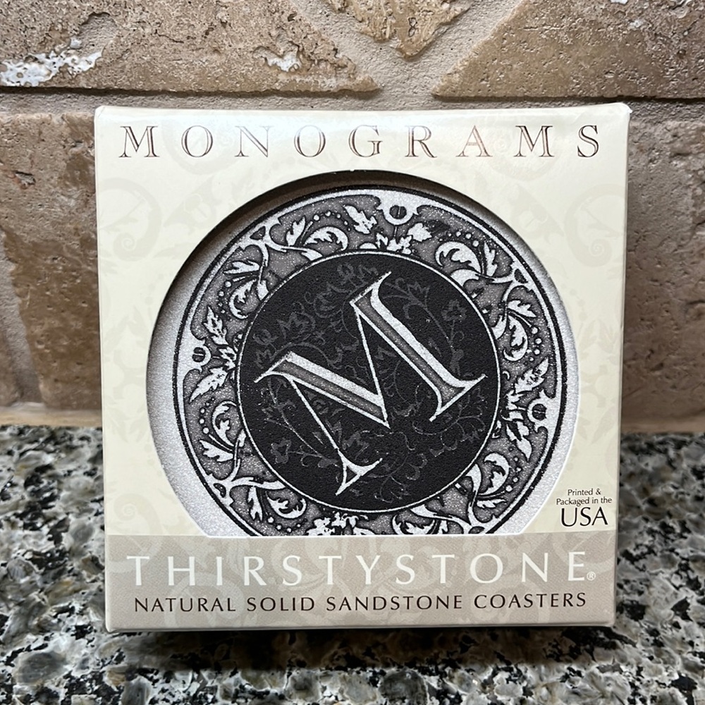 Monograms “M” Set of 4 Thirstystone Natural Solid Sandstone Coasters *New Box*